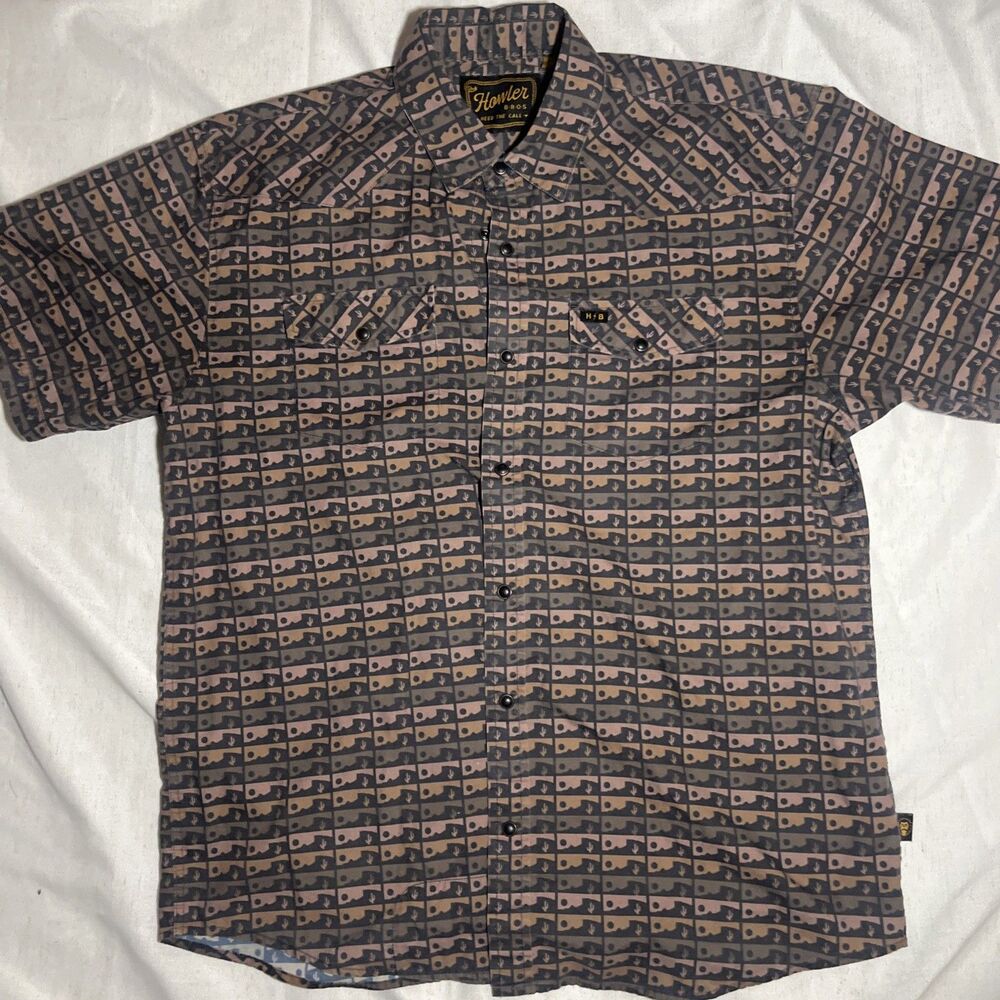 Howler Bros H Bar B Snap Shirt Mens L Brown Camper Cactus Desert Print Western